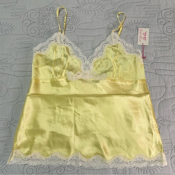 NEW Pearl Lace Two Tone Silk Cami Sz L Sunshine Yellow White Lace - Picture 1 of 6